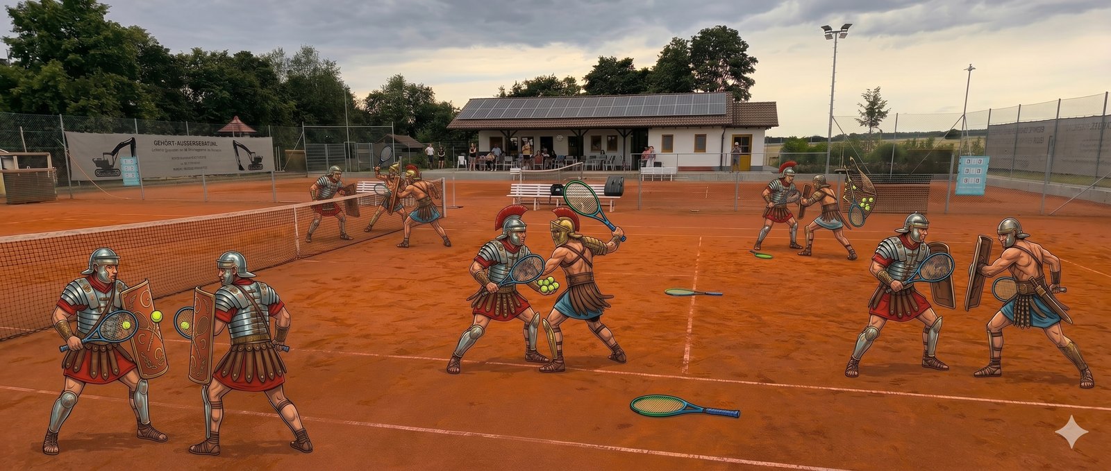 Gladiatoren mit Tennisschlägern und Schilden auf den Freiplätzen des TSV Rohr
